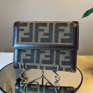 FENDI Zucca Compact Small Wallet with Leather Trim